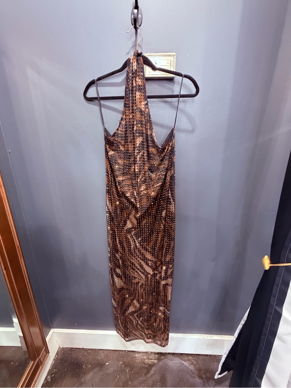 AKIRA Bronze Sequin Halter Maxi Dress